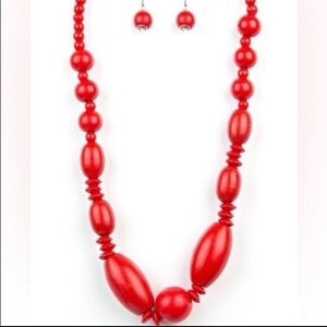 Red chunky wooden bead necklace and earrings